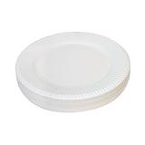 A stack of larger white Paper Plates is shown from a low angled view against a pale grey background. The ridged rim, smooth centre and layered paper edges are clearly visible, with slight creases and soft shadows across the white surface.