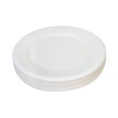 A stack of larger white Paper Plates is shown from a low angled view against a pale grey background. The ridged rim, smooth centre and layered paper edges are clearly visible, with slight creases and soft shadows across the white surface.