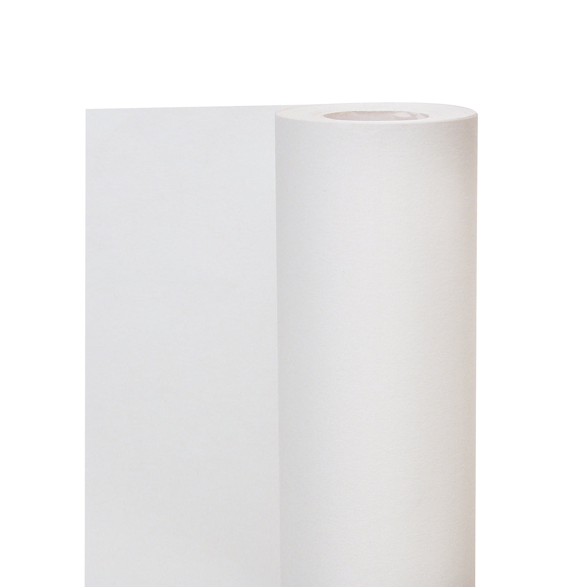 A single roll of white cartridge paper standing upright against a white background, with a loose sheet unrolling and hanging down the left side. The smooth matte surface shows a faint fibrous texture, and the paper is wound around a pale hollow cardboard core.