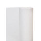 A single roll of white cartridge paper standing upright against a white background, with a loose sheet unrolling and hanging down the left side. The smooth matte surface shows a faint fibrous texture, and the paper is wound around a pale hollow cardboard core.