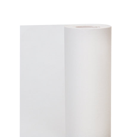 A single roll of white cartridge paper standing upright against a white background, with a loose sheet unrolling and hanging down the left side. The smooth matte surface shows a faint fibrous texture, and the paper is wound around a pale hollow cardboard core.