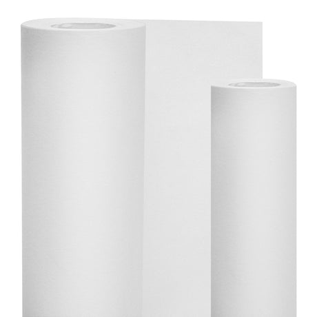 Two rolls of white cartridge paper standing upright side by side against a white background, one noticeably wider than the other. A loose sheet drapes down between them. The smooth matte paper has a subtle fibrous texture, each roll wound around a pale hollow cardboard core.