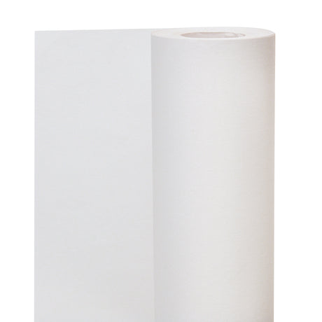 A single roll of white cartridge paper standing upright against a white background, with a loose sheet unrolling and draping down the left side. The paper has a smooth matte finish with a subtle fibrous grain, wound around a pale hollow cardboard core at the centre.