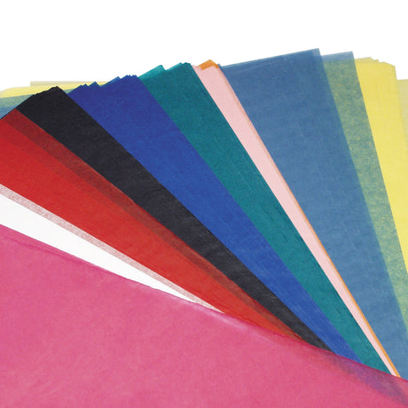 Assorted coloured Zart Tissue Paper 50x75cm sheets are fanned diagonally across a pale grey background. The lightweight translucent paper features layered overlapping edges in pink, red, black, blue, teal, peach and yellow tones, creating soft colour transitions and delicate textured surfaces.