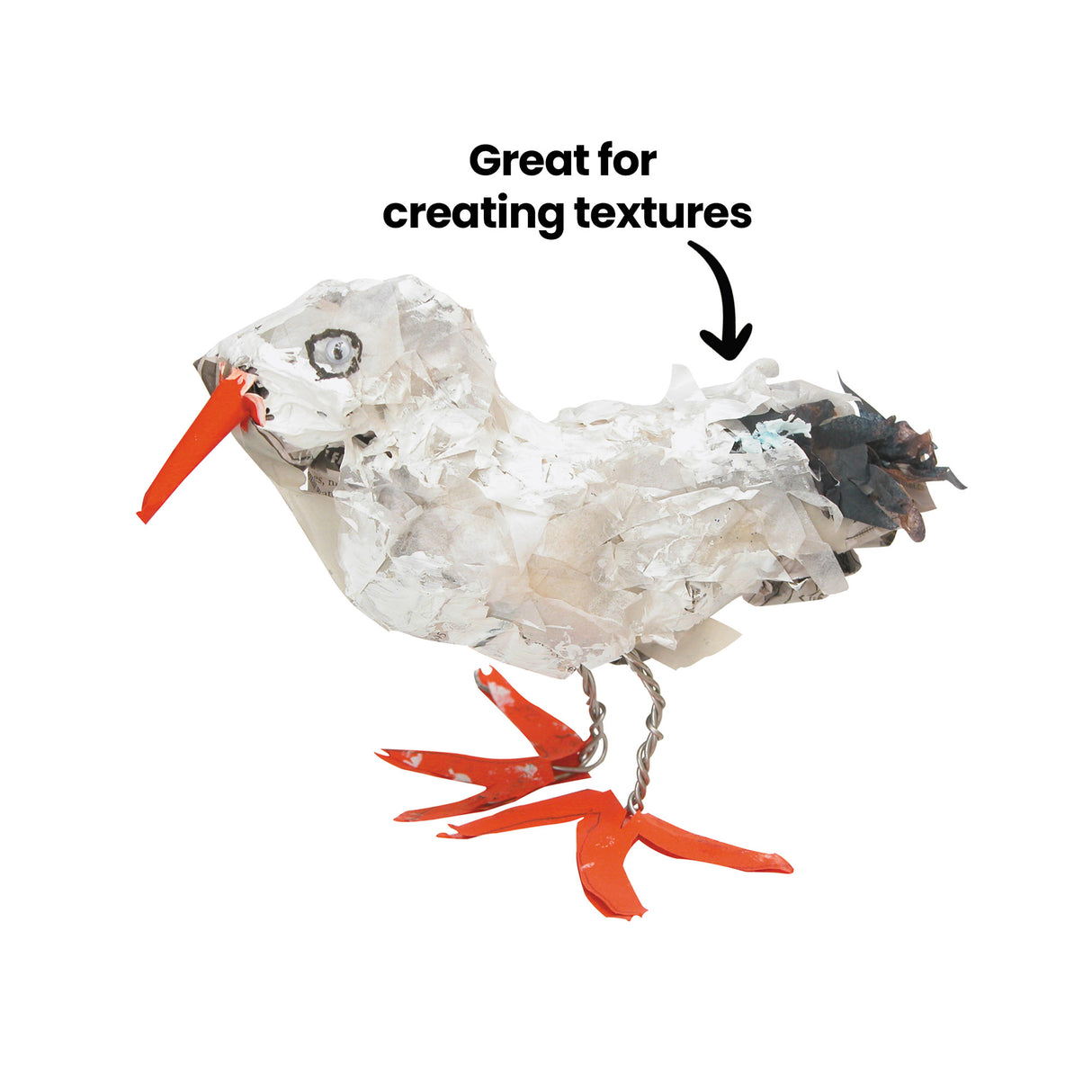 A textured bird sculpture made from layered white tissue paper is displayed against a pale grey background. Black annotation text reads “Great for creating textures”. The artwork features crumpled translucent paper surfaces, twisted wire legs, and bright orange painted beak and feet details.