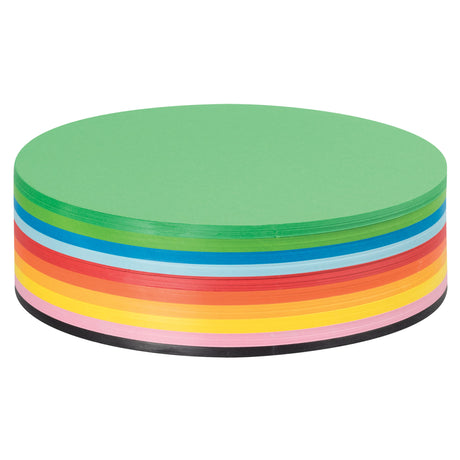 A pack of 500 Coloured Paper Circles in 18cm diameter, shown as a wide stacked cylinder. Ten colour bands are visible on the side, including green, blue, light blue, red, orange, yellow, pink, and black. The top circle is bright green.