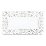 White rectangular paper doily with decorative scalloped edges and intricate lace-like perforated pattern featuring repeating geometric and floral motifs. The doily has an ornate border with diamond and curved designs creating an elegant, vintage-inspired frame around a plain white centre.