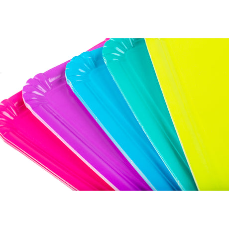 Fanned display of five vibrant rectangular paper plates in glossy neon colours: hot pink, magenta, bright blue, turquoise, and fluorescent yellow. Each Zart paper plate features a scalloped decorative edge and smooth laminated surface.