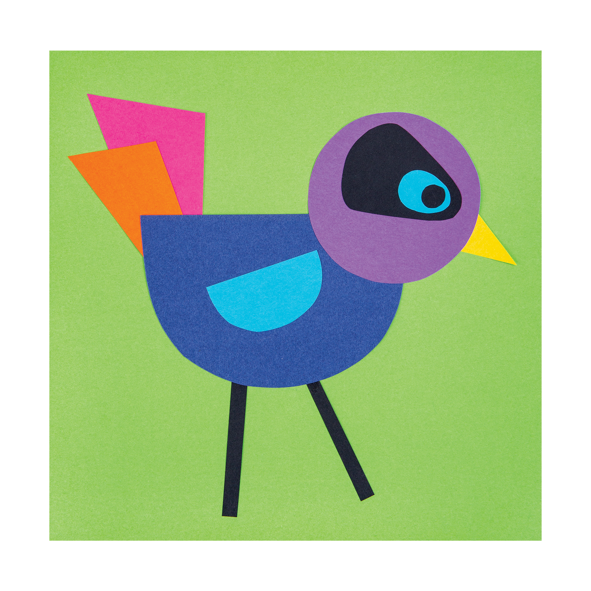 Bird made from coloured paper shapes in blue, purple, pink, orange, yellow and light blue against a bright green background.