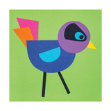 Bird made from coloured paper shapes in blue, purple, pink, orange, yellow and light blue against a bright green background.