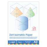 Zart Isometric Paper pad showing three-dimensional geometric shapes including an orange pyramid, green teardrop, and blue cylinder drawn on isometric grid. Small pink cube diagram shows 30° and 30° angles. A3 size, 70gsm, 50 sheet pad with 1mm lines. Designed for Visual Communications, design, graphic, and STEM students.