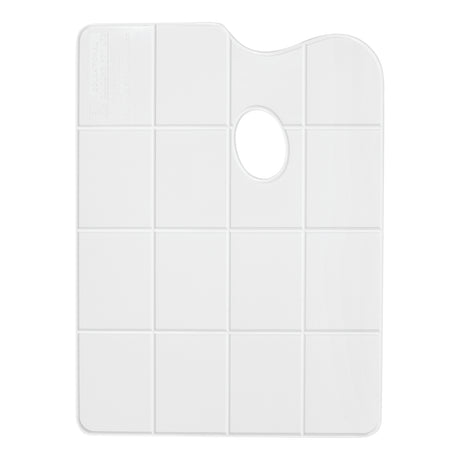 A flat rectangular white plastic mixing palette with rounded corners, a curved cut-out and an oval thumb hole near the top. A shallow moulded grid divides the smooth white surface into 16 rectangular mixing wells arranged across four rows, with the thumb hole set among the top wells.