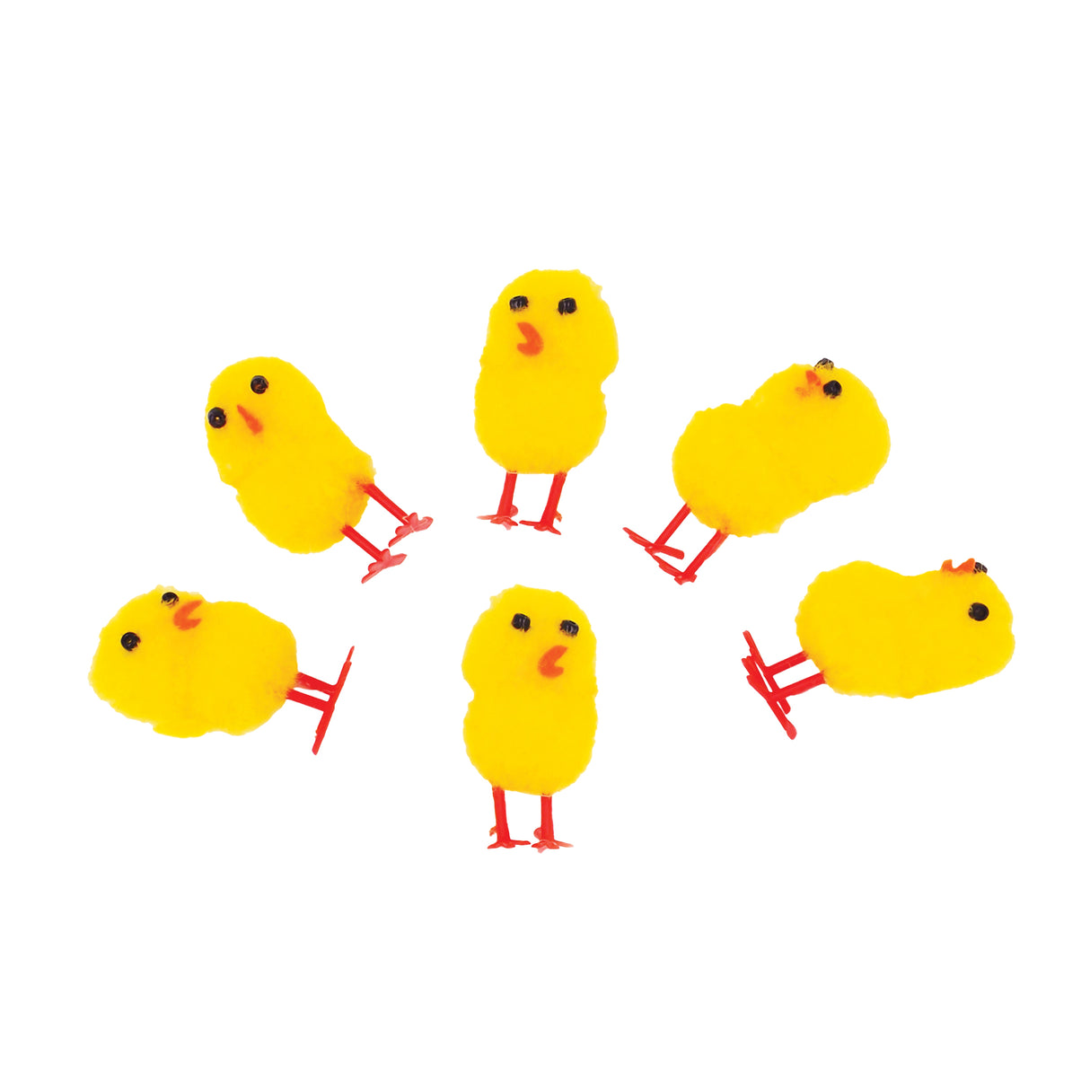 Six bright yellow pom-pom Easter chicks with orange beaks, black button eyes, and red pipe cleaner legs arranged in a circular pattern on a white background, displaying various poses and orientations.