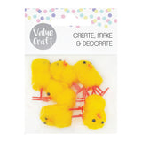 Value Craft packaged Easter chicks featuring six bright yellow fluffy chicks with orange beaks and feet, displayed on white card header with pastel polka dot pattern and text "CREATE, MAKE & DECORATE"
