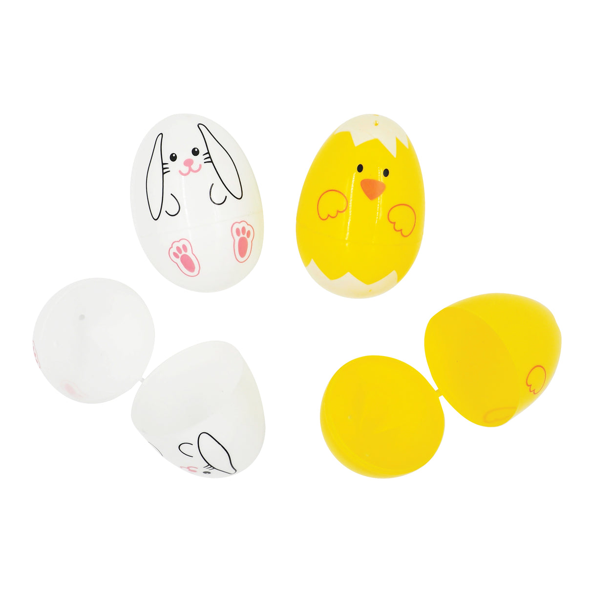 Six white plastic fillable eggs designed for Easter crafts, displaying both decorated and plain surfaces. Two eggs feature hand-drawn designs: a smiling bunny with pink paw prints and a cheerful yellow chick with an orange beak and wings, demonstrating creative decoration possibilities.