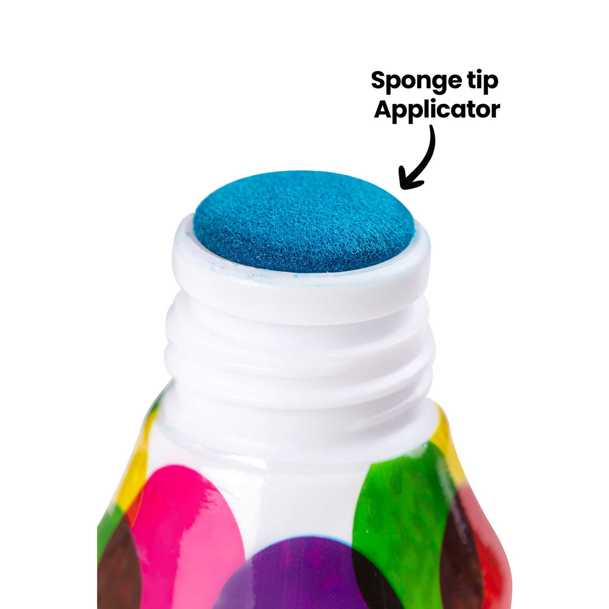 Close-up of a Zart Colour Apps bottle tip showing a blue sponge applicator. On-image annotation reads “Sponge tip Applicator” with an arrow pointing to the textured sponge surface at the bottle opening.
