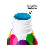 Close-up of a Zart Colour Apps bottle tip showing a blue sponge applicator. On-image annotation reads “Sponge tip Applicator” with an arrow pointing to the textured sponge surface at the bottle opening.