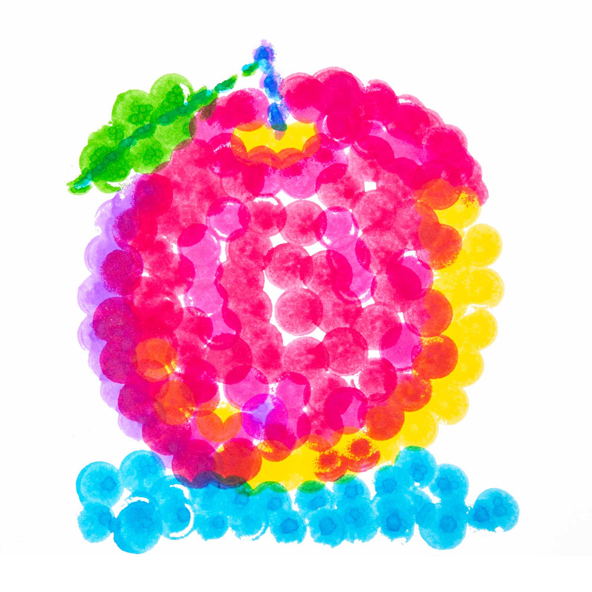 Finished dot painting of a rounded pink creature made from layered circular stamps. Bright yellow, blue and green dots form details and a base, showing colour blending and transparency on white paper.