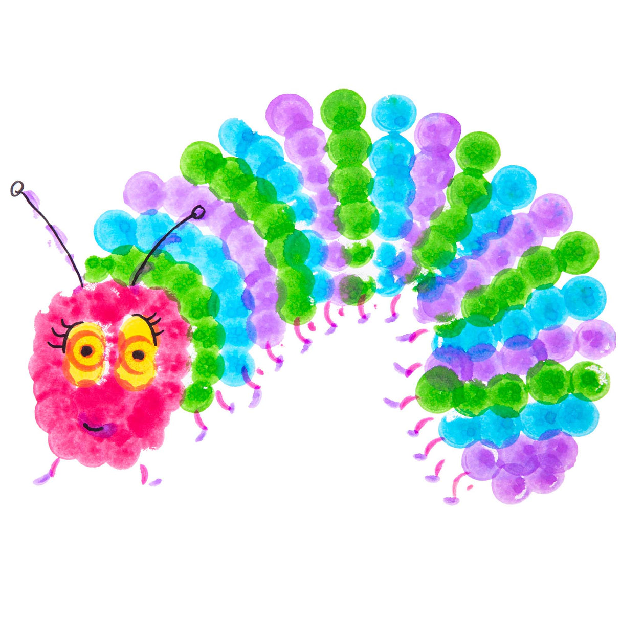 Colourful caterpillar artwork made from repeated circular stamps in green, blue and purple. A pink head with drawn eyes and antennae completes the image, demonstrating how Zart Colour Apps dots can build character forms.