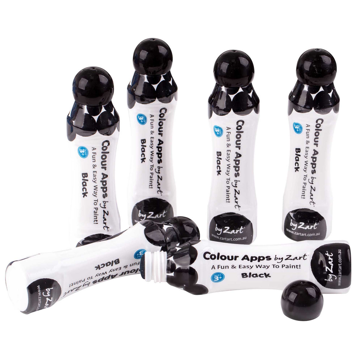 Group of Zart Colour Apps Black bottles arranged on a white background. Bottles stand upright and lie on their sides, showing rounded black caps, white barrels and exposed sponge applicators.