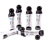 Group of Zart Colour Apps Black bottles arranged on a white background. Bottles stand upright and lie on their sides, showing rounded black caps, white barrels and exposed sponge applicators.