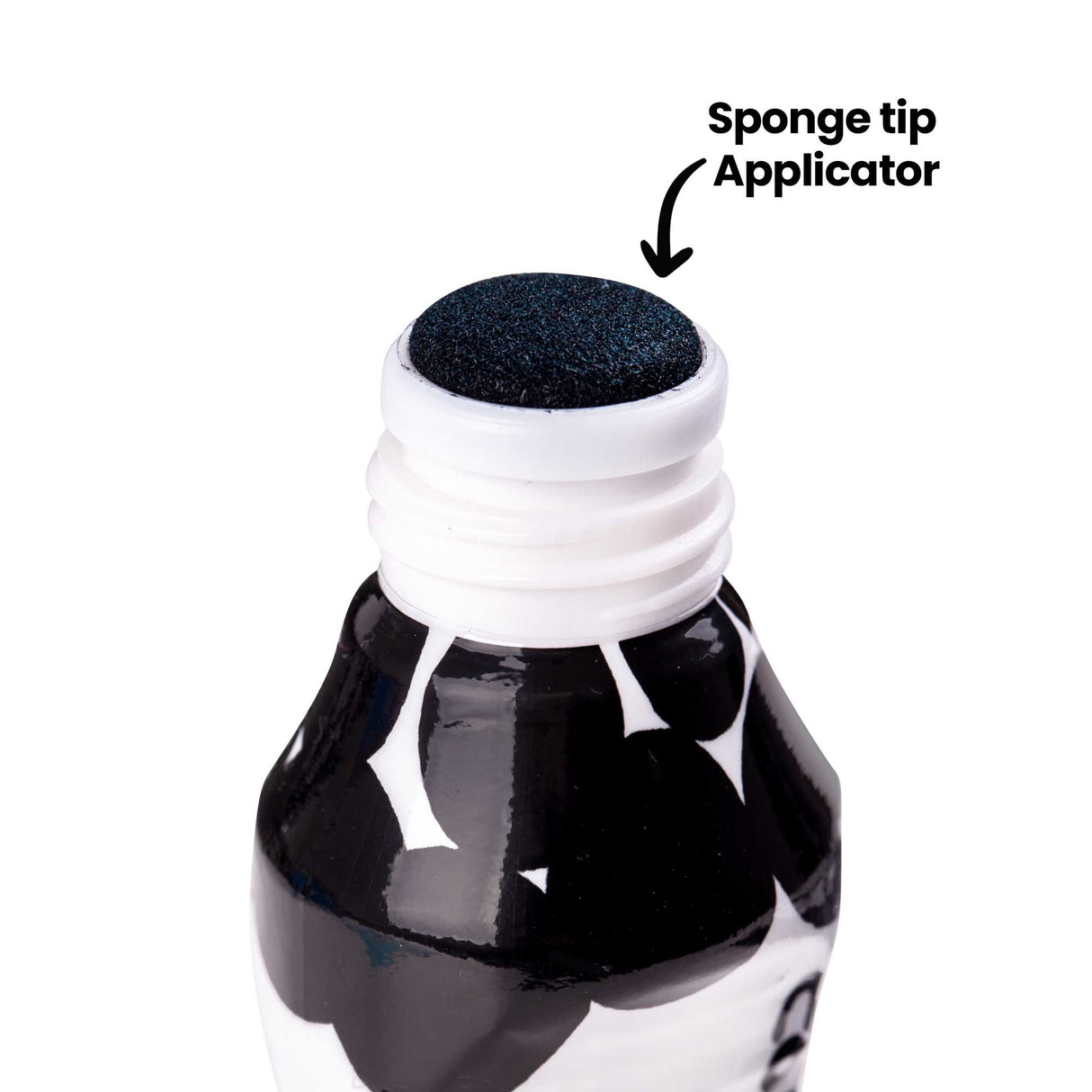 Close-up of a Zart Colour Apps Black bottle with the cap removed, showing the round black sponge tip. On-image annotation reads “Sponge tip Applicator” with an arrow pointing to the sponge surface.