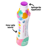 Single Zart Colour Apps Sparkle bottle shown upright with the cap removed, revealing a purple sponge tip. On-image annotations read “Sponge tip Applicator” and “Easy-grip barrel” with arrows pointing to each feature.