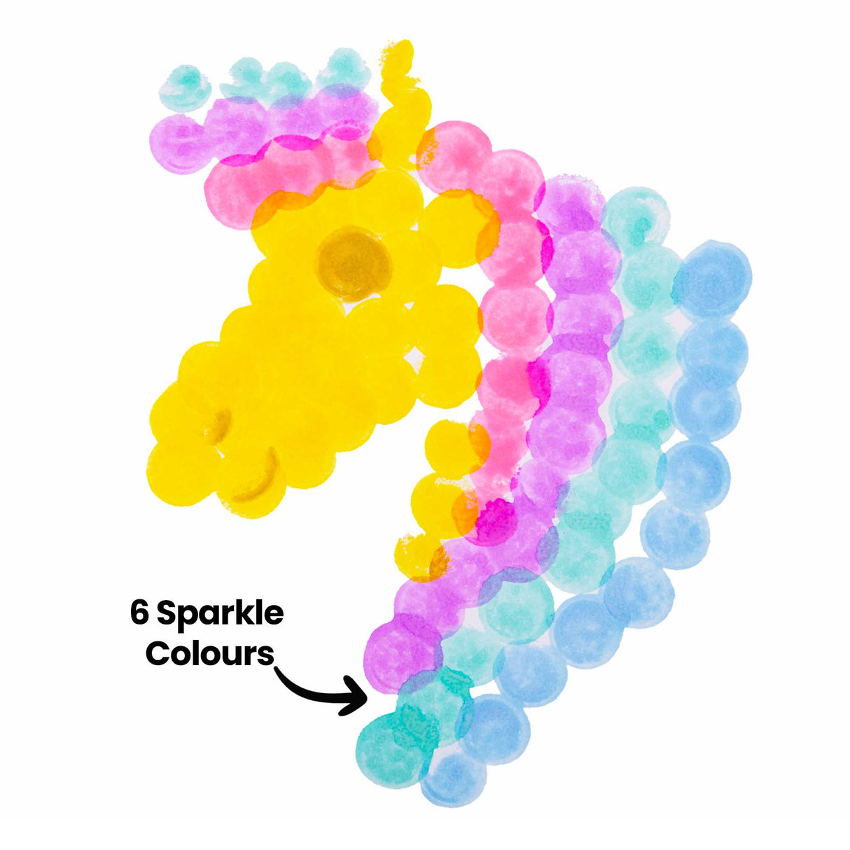 Close-up of pastel dot paint swatches arranged in curved rows. On-image annotation reads “6 Sparkle Colours” with an arrow pointing to the range of stamped colours.