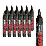 A group of black Uni Prockey markers with rounded bullet tips arranged in staggered rows against a light grey background. One enlarged marker appears cropped along the right side, highlighting the bullet nib shape and bold red “PROCKEY” branding on the matte black barrel.