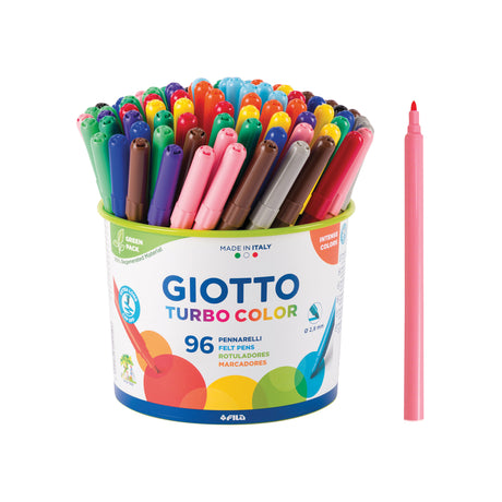 A large cylindrical tub of Giotto Turbo Colour Markers filled with assorted felt-tip pens in bright colours including green, blue, red, yellow, pink, purple, brown and grey. The label reads “GIOTTO TURBO COLOR 96 Felt Pens” with colourful circular graphics, alongside a single pink marker displayed separately.
