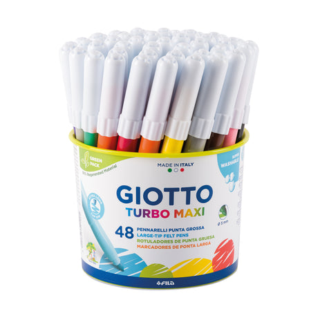 Giotto Turbo Maxi large-tip felt markers standing upright in a round tub with a yellow rim and white caps on top, coloured barrels visible below in green, orange, red, yellow and brown. The wraparound label reads "48 Large-Tip Felt Pens", with "Green Pack" and "Super Washable" badges.