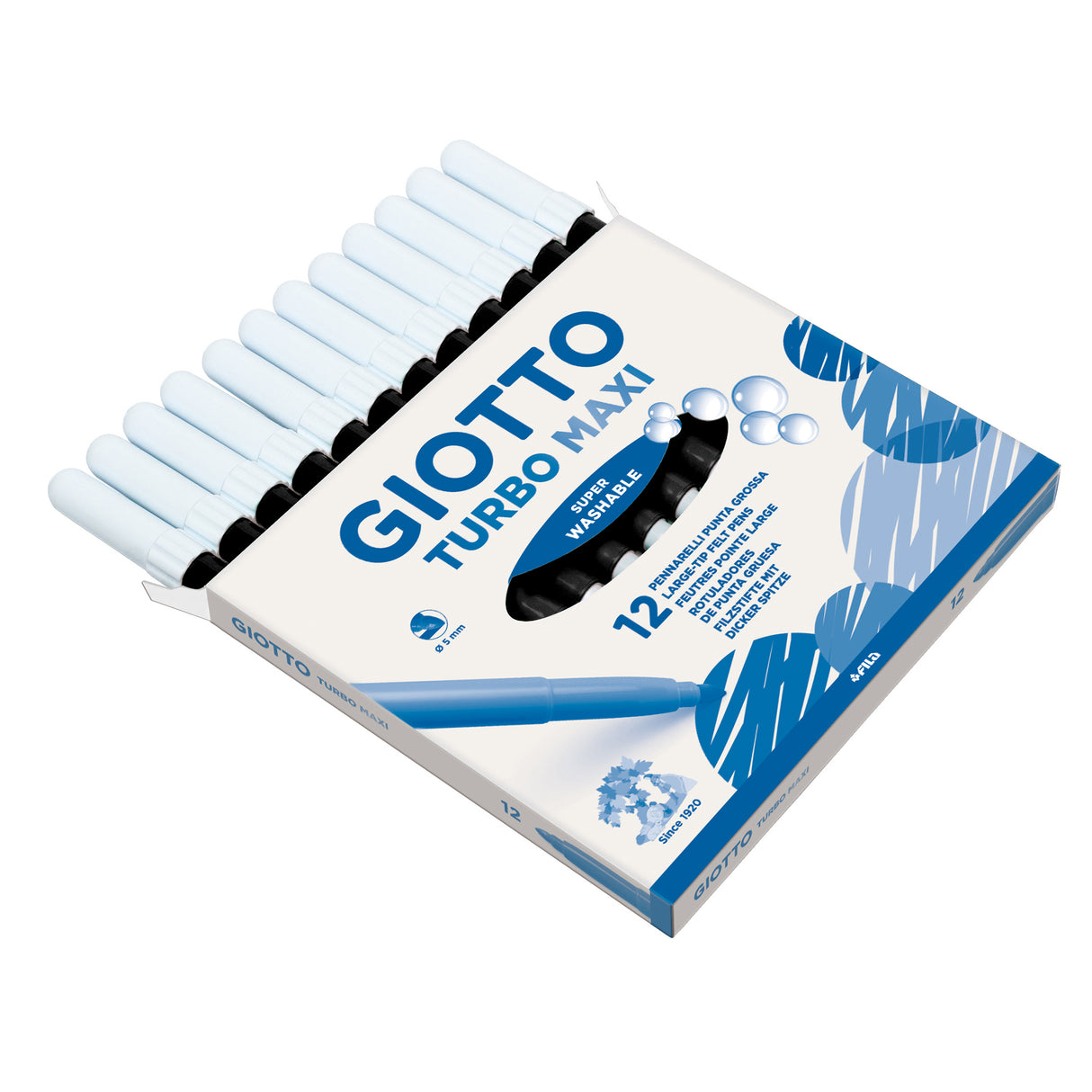 A box of twelve Giotto Turbo Maxi felt-tip markers shown open and angled, slid partway out to reveal pale barrels with black lower sections. The white and blue box front reads "12 Large-Tip Felt Pens" and "Super Washable", decorated with a blue leaf-and-scribble pattern.