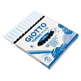 A box of twelve Giotto Turbo Maxi felt-tip markers shown open and angled, slid partway out to reveal pale barrels with black lower sections. The white and blue box front reads "12 Large-Tip Felt Pens" and "Super Washable", decorated with a blue leaf-and-scribble pattern.