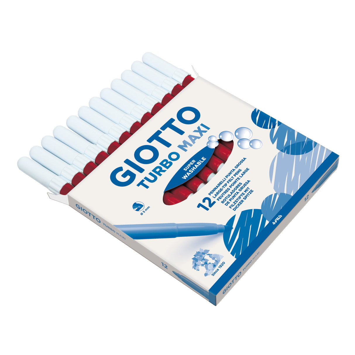 A box of twelve Giotto Turbo Maxi felt-tip markers shown open and angled, slid partway out to reveal pale barrels with dark red lower sections. The white and blue box front reads "12 Large-Tip Felt Pens" and "Super Washable", decorated with a blue leaf-and-scribble pattern.