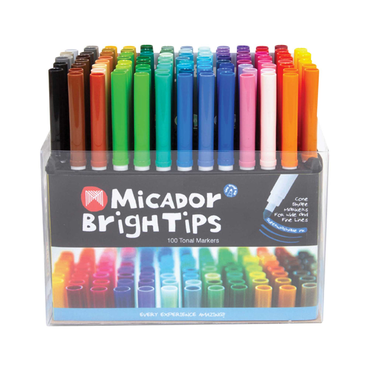 Micador BrighTips markers packed upright in a clear box, caps in a full tonal spectrum — black, brown, green, teal, blue, pink, purple, red, orange and yellow. The black label reads "100 Tonal Markers", "Cone Shape Markers For Wide and Fine Lines" and "Superwashable ink".