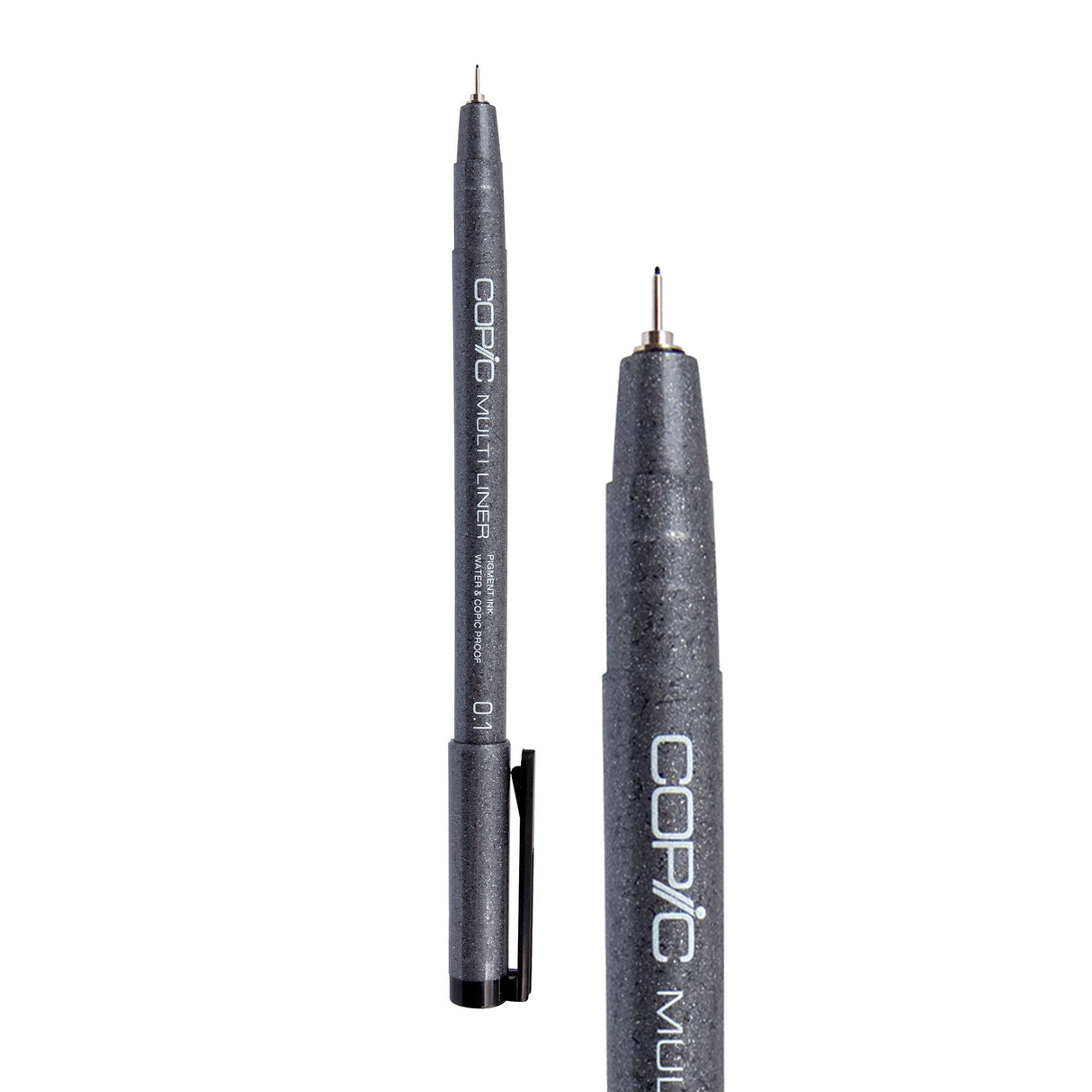 A Copic Multi Liner fineliner pen with a 0.1mm nib, shown uncapped alongside a close-up of the tip. The dark grey speckled barrel displays white "COPIC MULTI LINER" lettering and a black clip on the cap. The metal-collared nib is very fine, extending to a sharp black point.