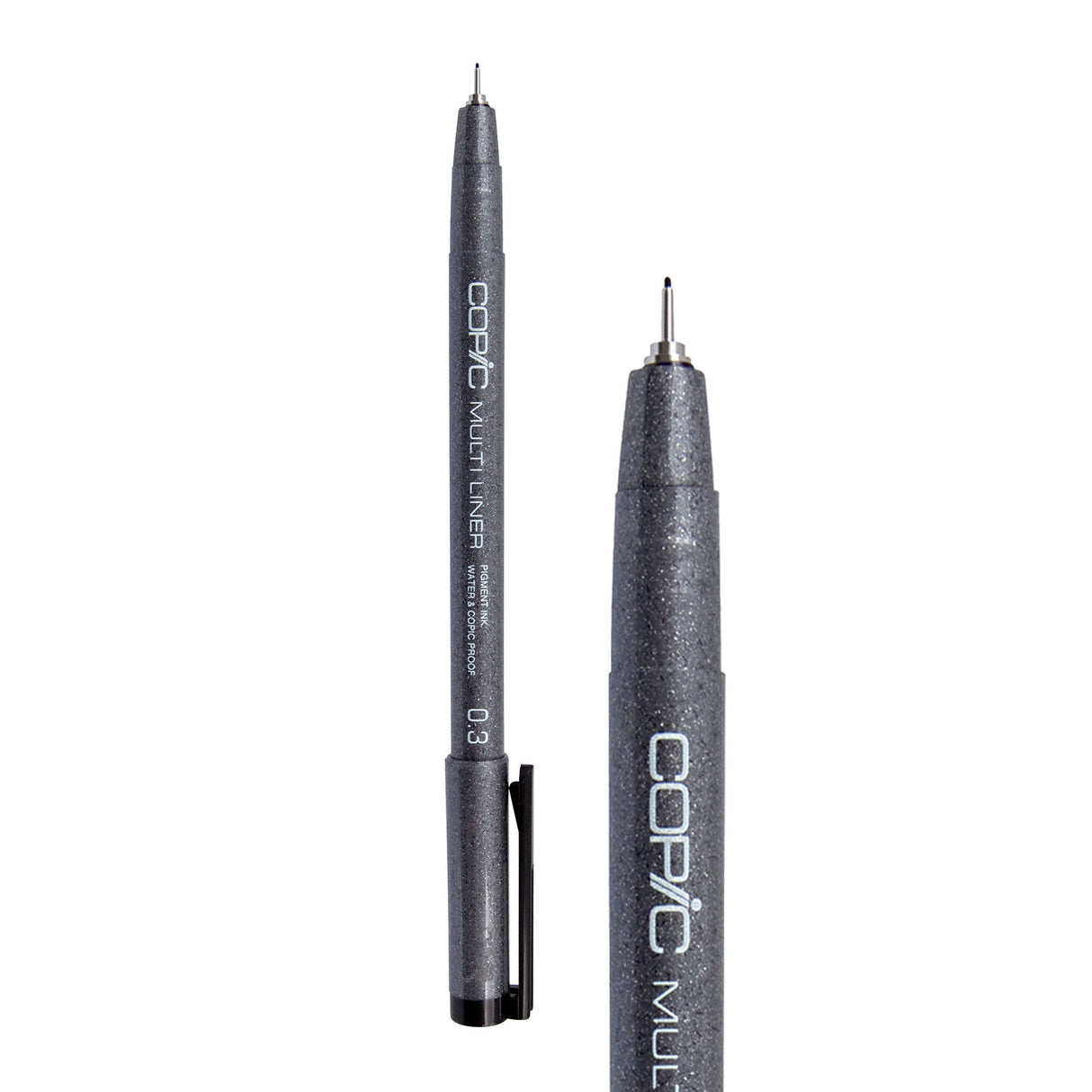 A Copic Multi Liner fineliner pen with a 0.3mm nib, shown uncapped alongside a close-up of the tip. The dark grey speckled barrel displays white "COPIC MULTI LINER" lettering and a black clip on the cap. The metal-collared nib extends to a fine black point.
