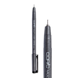 A Copic Multi Liner fineliner pen with a 0.3mm nib, shown uncapped alongside a close-up of the tip. The dark grey speckled barrel displays white "COPIC MULTI LINER" lettering and a black clip on the cap. The metal-collared nib extends to a fine black point.