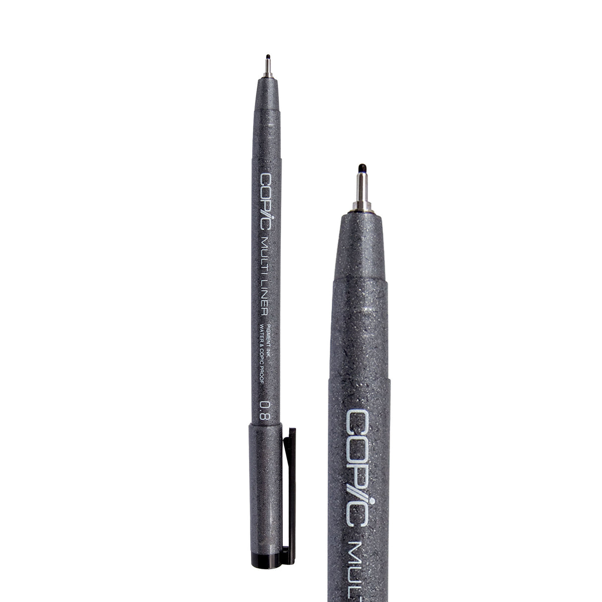 A Copic Multi Liner fineliner pen with a 0.8mm nib, shown uncapped alongside a close-up of the tip. The dark grey speckled barrel displays white "COPIC MULTI LINER" lettering and a black clip on the cap. The metal-collared nib extends to a broader, visibly wider black point.