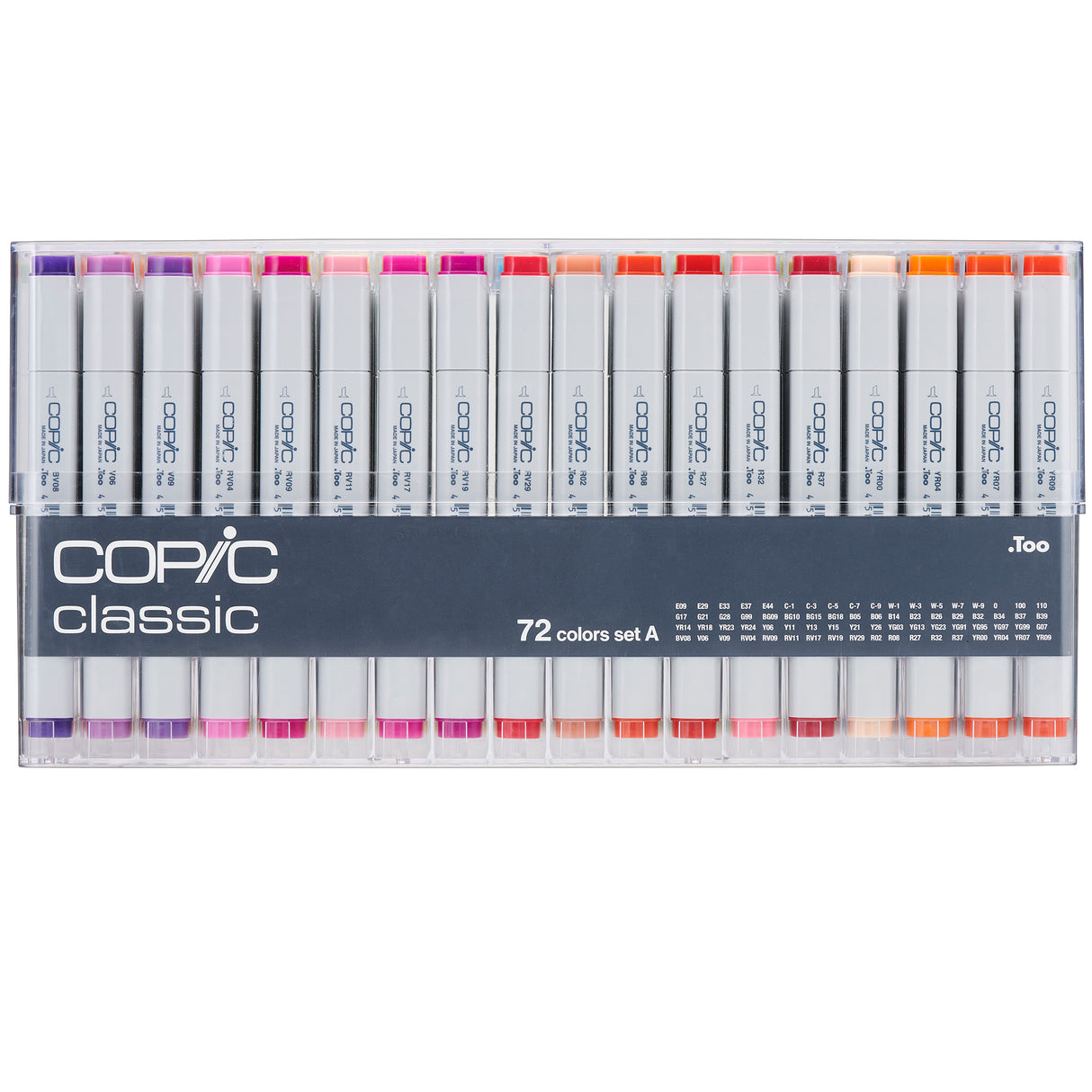 A clear plastic case holding Copic Classic markers arranged in two horizontal rows. The markers have white barrels with grey ends and coloured caps in shades of purple, pink, red, orange, and peach.