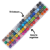 A clear plastic tray of marker caps arranged diagonally, showing a grid of 72 coloured squares with alphanumeric colour codes on each cap. The colours range across greys, blues, greens, yellows, reds, pinks, purples, browns, and oranges. Black on-image text reads “72 Colours” with an arrow pointing to the tray, and “Easy to organise” with an arrow pointing to the orderly layout.