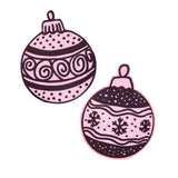 An EverZart Broad Marker illustration of two Christmas bauble outlines in pink and deep purple-black, filled with contrasting pattern work: swirling scroll motifs and dotted bands on one, wavy horizontal lines, dots and snowflake shapes on the other, against a plain white background.