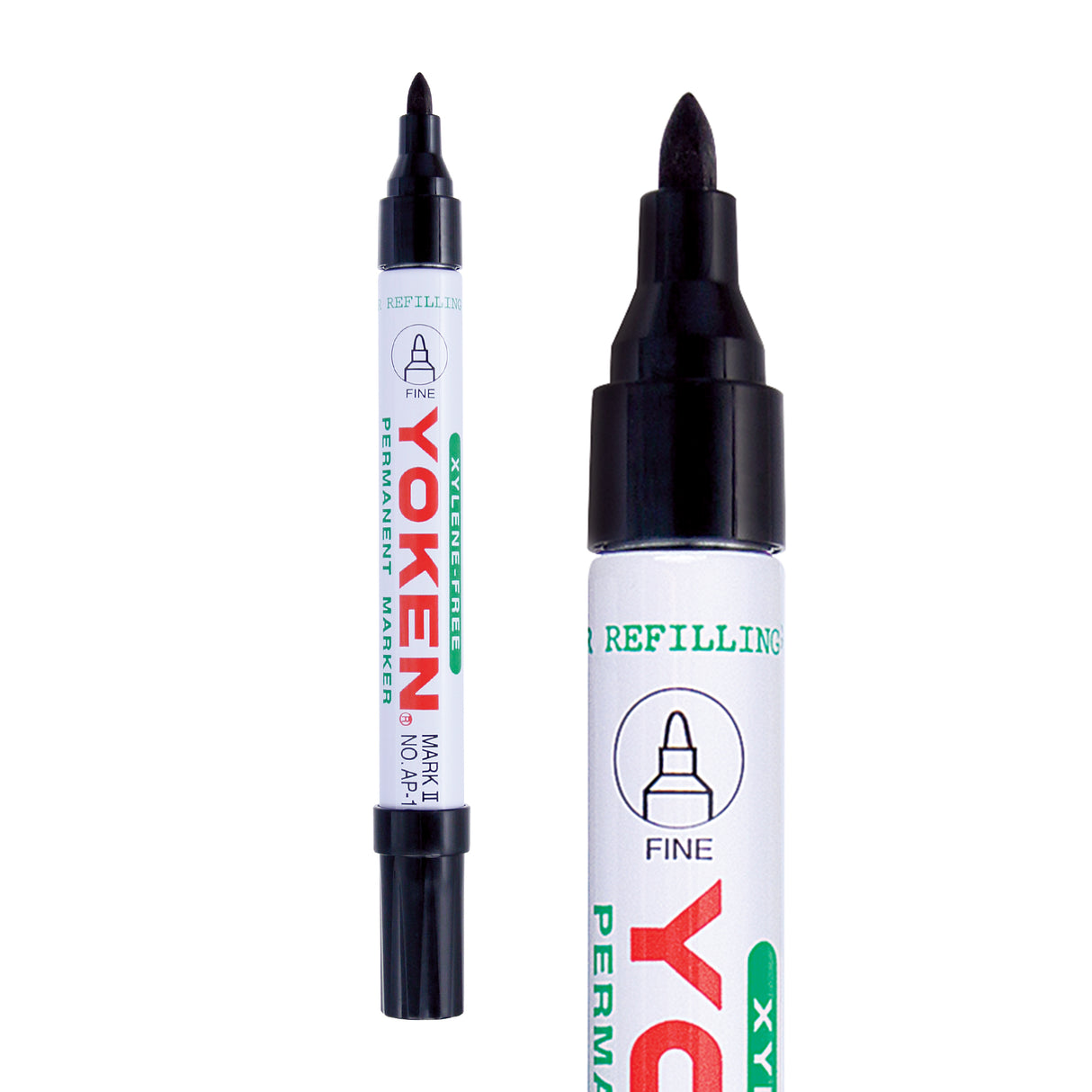A Yoken xylene-free permanent marker with a fine bullet tip shown uncapped and capped on a white background. The label reads “Yoken Permanent Marker”, “Fine”, and “Xylene Free”, with an icon indicating the fine nib.