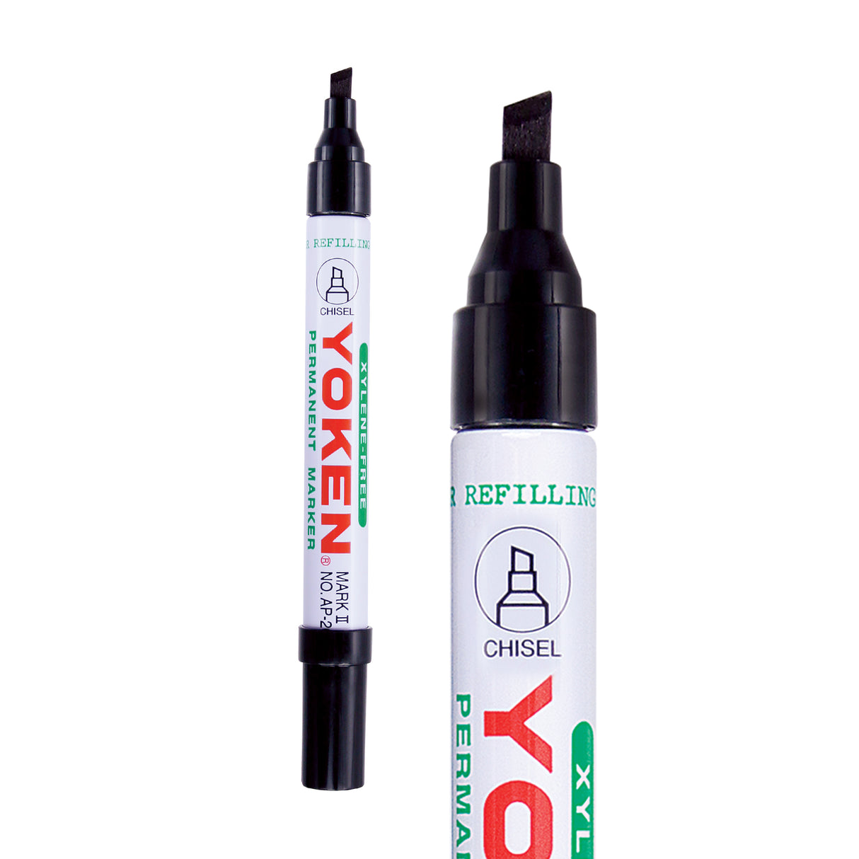 A Yoken xylene-free permanent marker with a chisel tip shown uncapped and capped on a white background. The label reads “Yoken Permanent Marker”, “Chisel”, and “Xylene Free”, with an icon indicating the chisel nib shape.