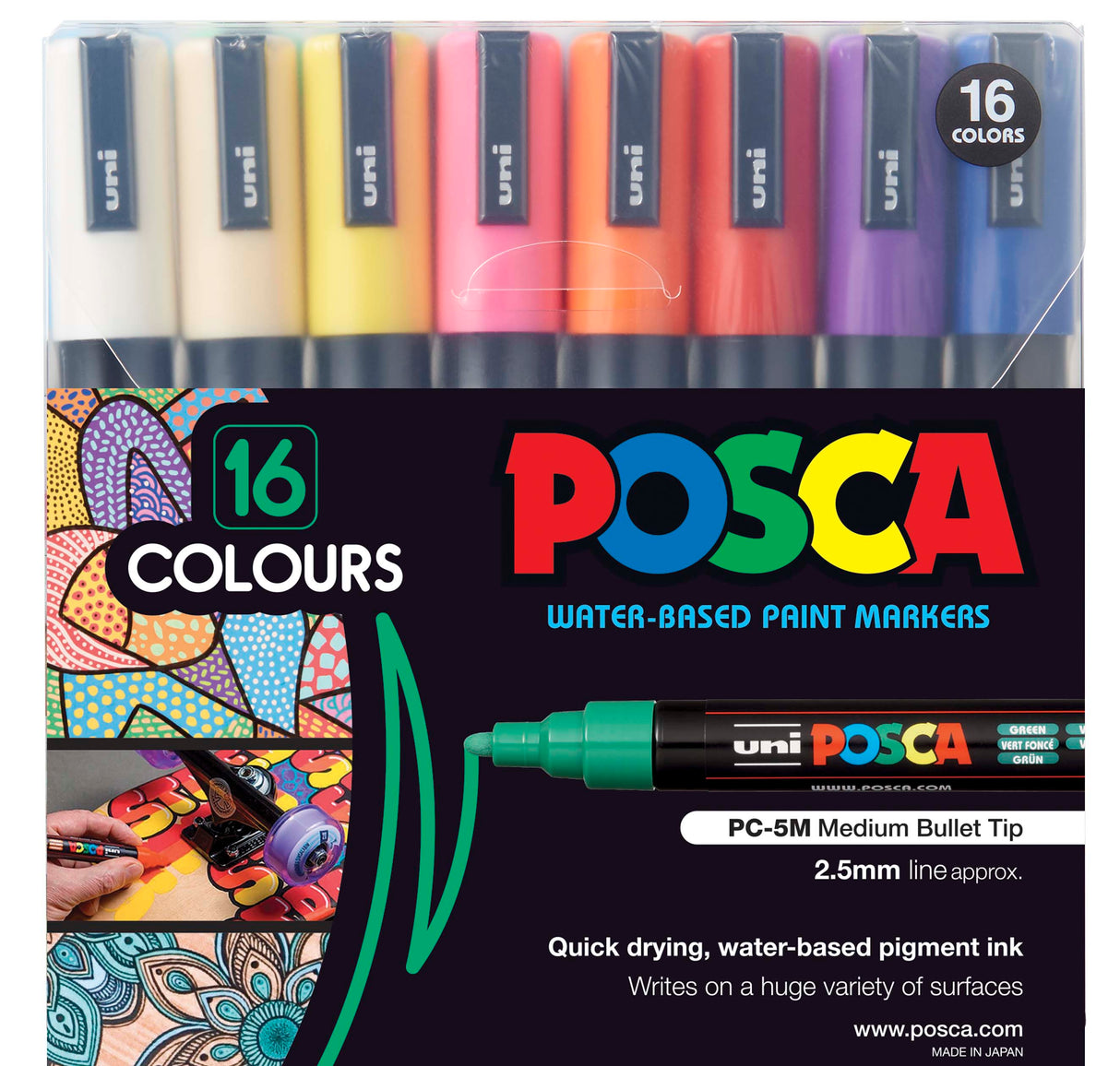 Pack of 16 Uni POSCA water-based paint markers in assorted colours, shown in a clear reusable wallet. Packaging highlights the PC-5M medium bullet tip and examples of marker artwork.