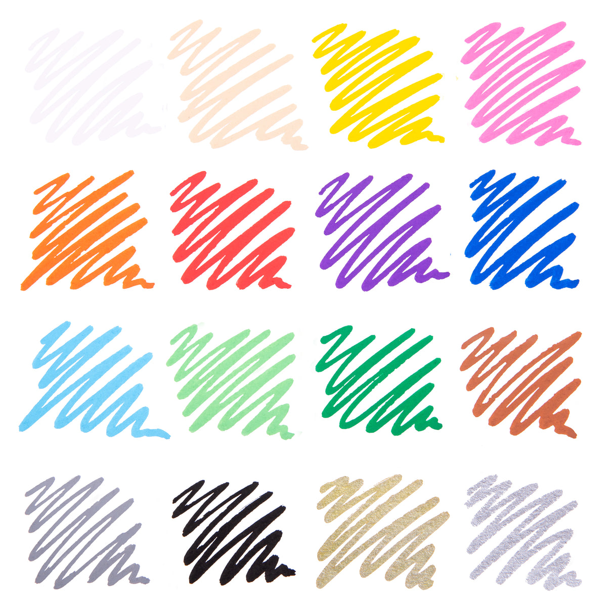Sixteen POSCA colour swatches drawn in loose strokes on white paper, displaying a bright range of shades including pastels, brights, earth tones, metallics and black.