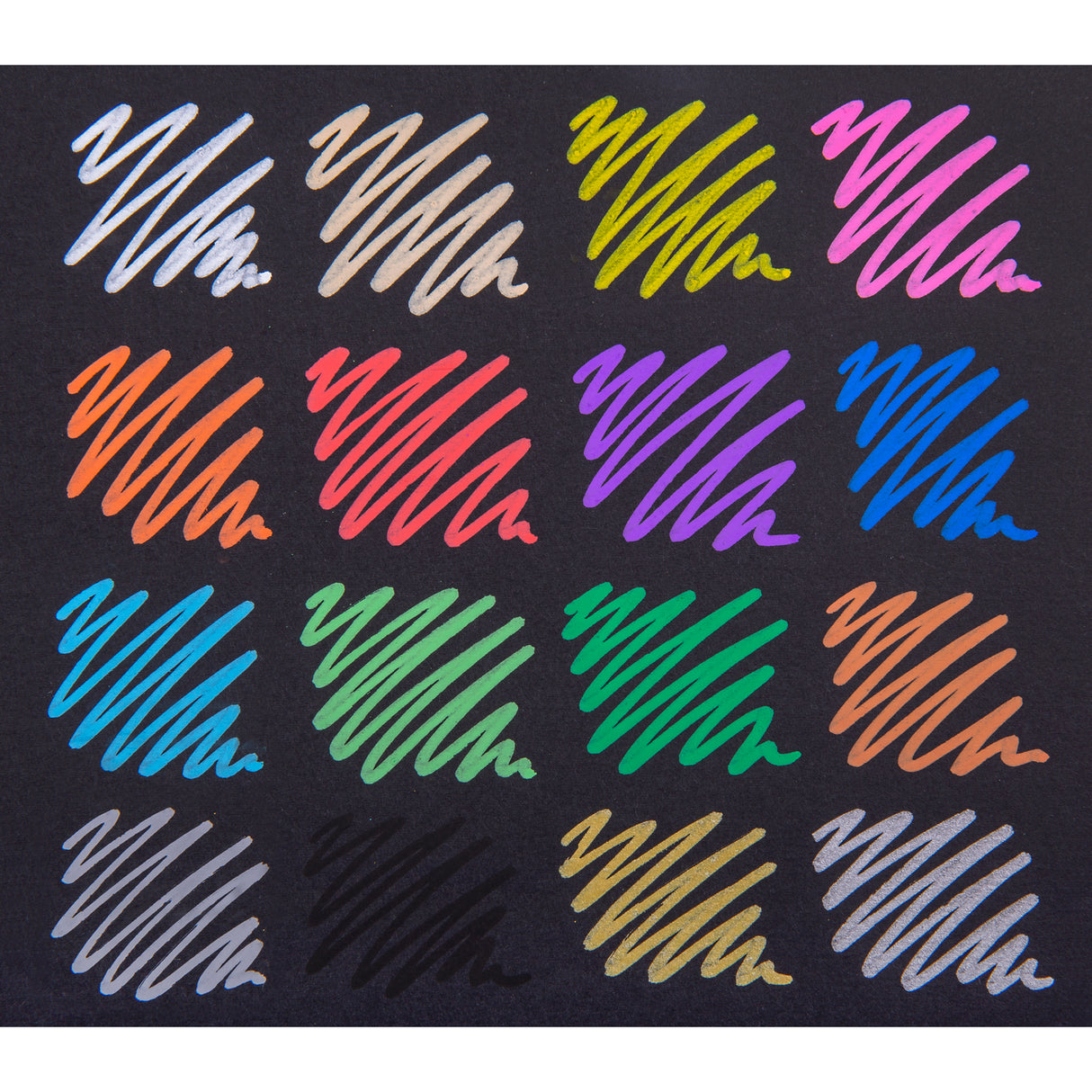 Sixteen POSCA marker colours drawn in scribble swatches on black paper, showing vivid, opaque coverage across bright, pastel, metallic and neutral shades.