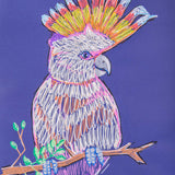 Colourful cockatoo drawn with POSCA paint markers on dark blue paper. Layered strokes create vibrant feathers, a bright crest and perched claws holding a branch.