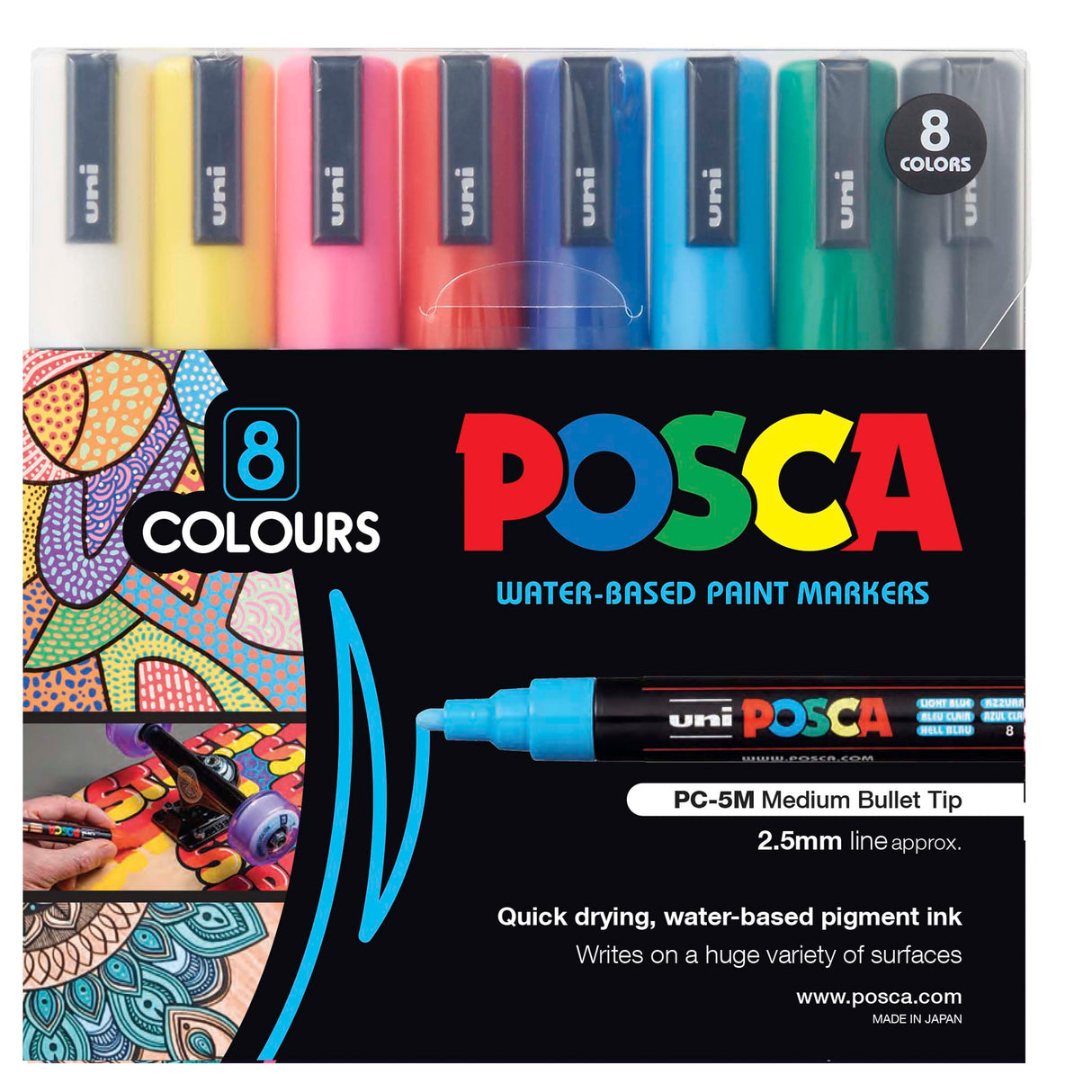 Pack of eight Uni POSCA paint markers in assorted colours displayed in a clear wallet. Packaging highlights the PC-5M medium bullet tip and examples of artwork using the markers.
