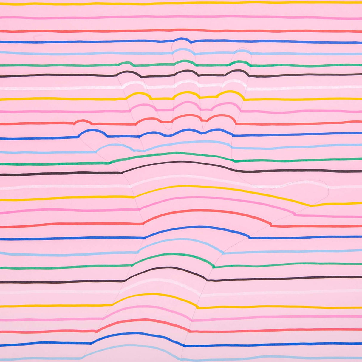 Optical-illusion hand artwork created with POSCA markers, showing colourful horizontal lines on pink paper bending around the shape of a traced hand.